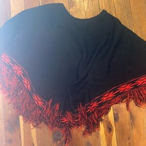 Cato Black and Red Fringe Sweater Poncho